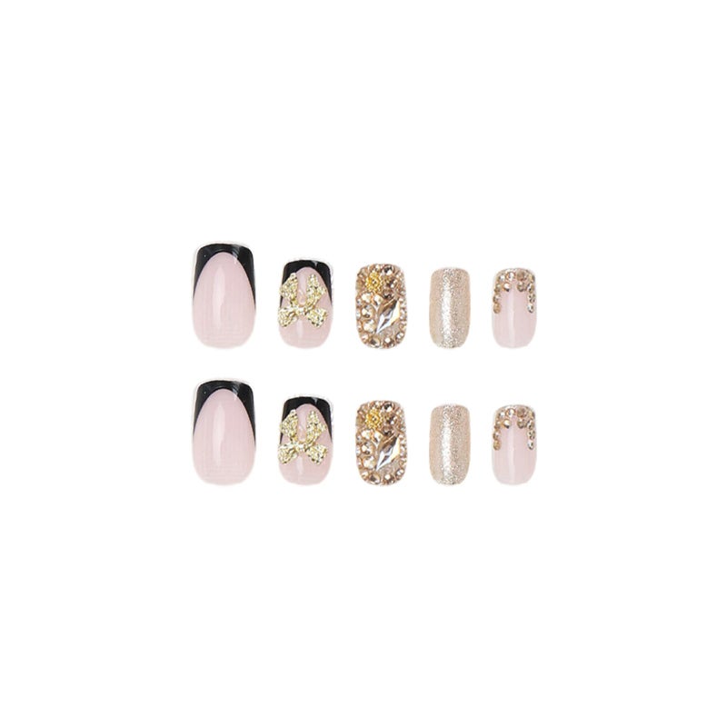 SINHOT Square Press on Nails Medium - Black French Tip Fake Nails Glossy Glue on Nails 3D Gold Bowknot Acrylic Nail Luxury Rhinestones Squoval Artificial Nail Stick on False Nail with Design 24pcs - Image 3